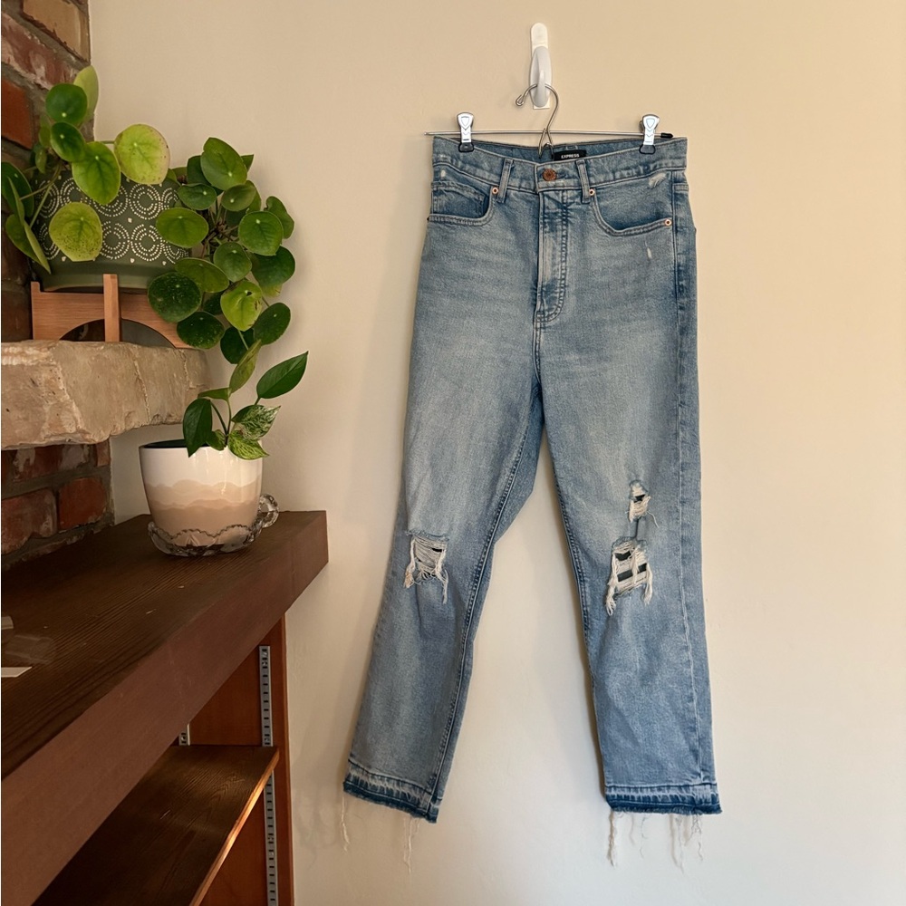 Express | Mom Jeans, Super high rise Distressed Light Blue Jeans